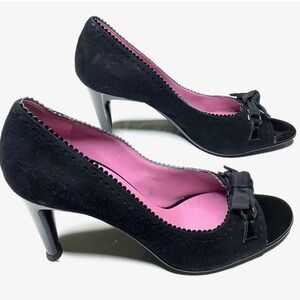 Salvatore Ferragamo Y2K Vintage Black Suede Patent Leather Heels with Bow Detail